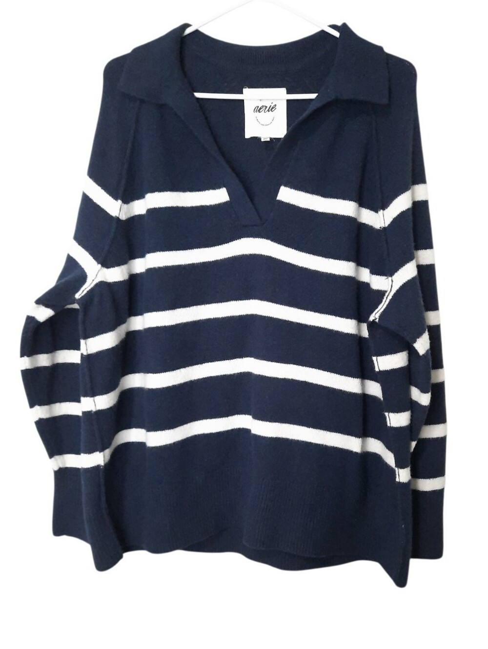 Aerie Plush Knit Polo Sweater Navy White Stripe Preppy Oversized Womens Size M